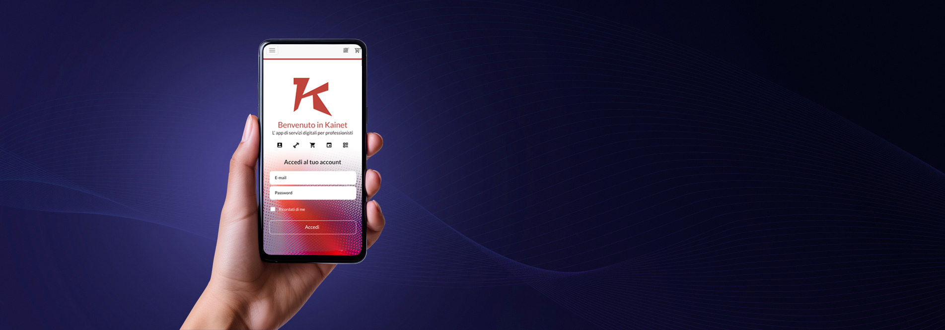 Mano che sorregge smartphone con anteprima App Kainet